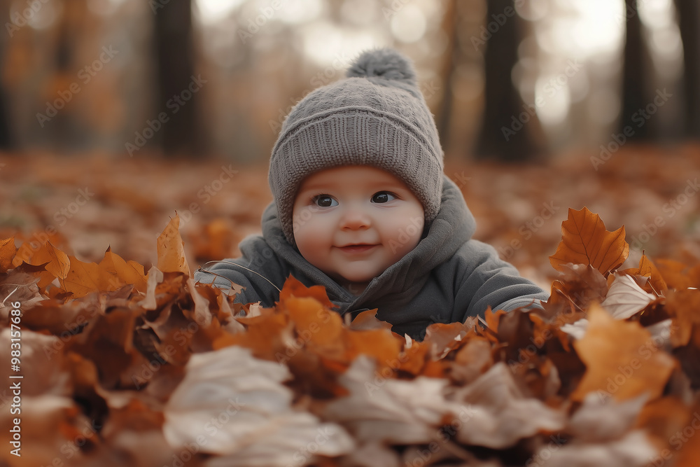 A cute baby playing in the pile of autumn leaves in the forest, with warm colors. A cute baby playing in the pile of autumn leaves in the forest, with warm colors.