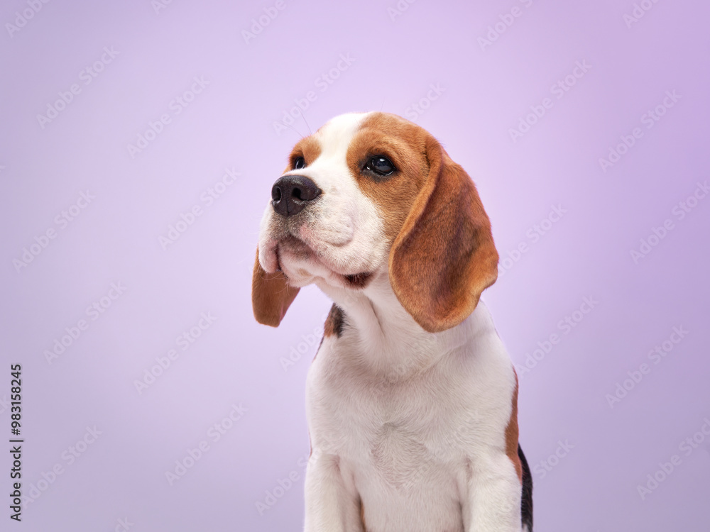 A beagle puppy is sitting calmly against a light purple background, gazing curiously to the side. A beagle puppy is sitting calmly against a light purple background, gazing curiously to the side.