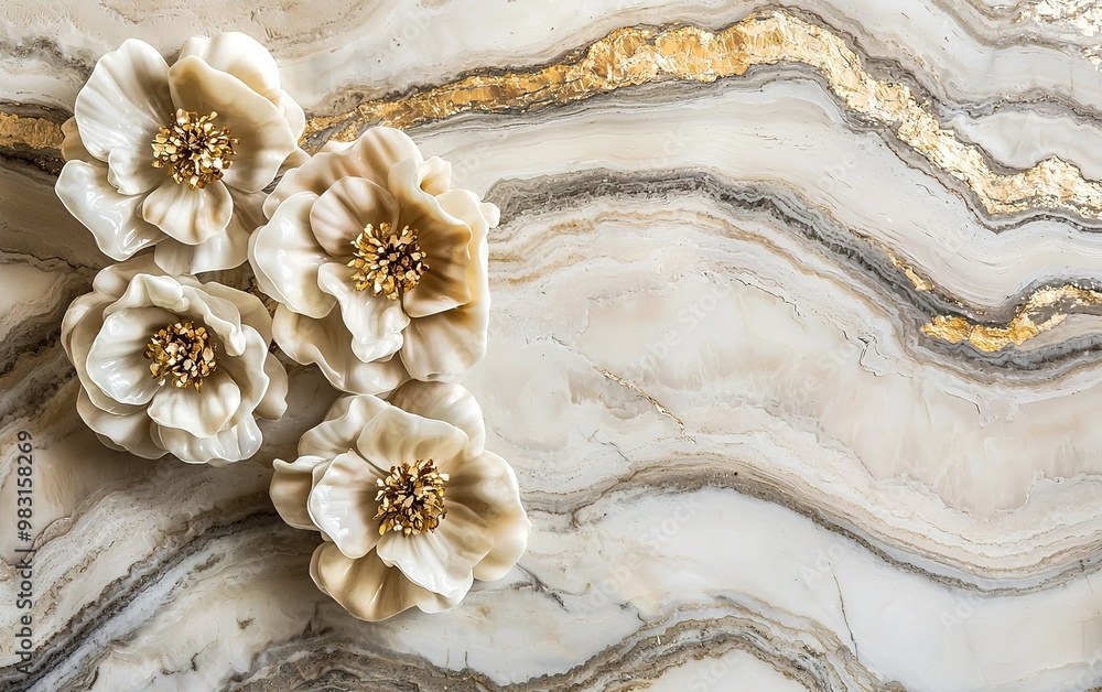 Elegant cream flowers arranged on a marbled stone surface showcasing intricate patterns and golden accents Elegant cream flowers arranged on a marbled stone surface showcasing intricate patterns and golden accents