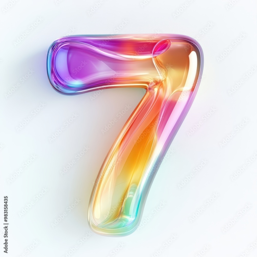 3D number 7 with fluid glass effect, vibrant gradient colors texture realistic modern design, soft lighting, white background. 3D number 7 with fluid glass effect, vibrant gradient colors texture realistic modern design, soft lighting, white background.