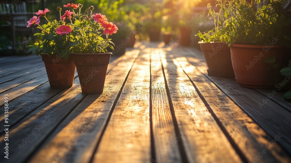 Sunlit Wooden Deck with Potted Flowers at Sunset Sunlit Wooden Deck with Potted Flowers at Sunset