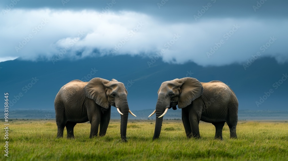 Fototapeta premium Two elephants, side by side, on a verdant field Above them, a mottled sky of clouds Mountains distant in background