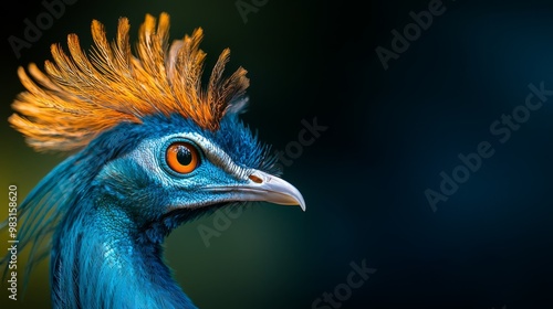  A tight shot of a blue bird against a black backdrop, sporting a yellow and orange crest on its head