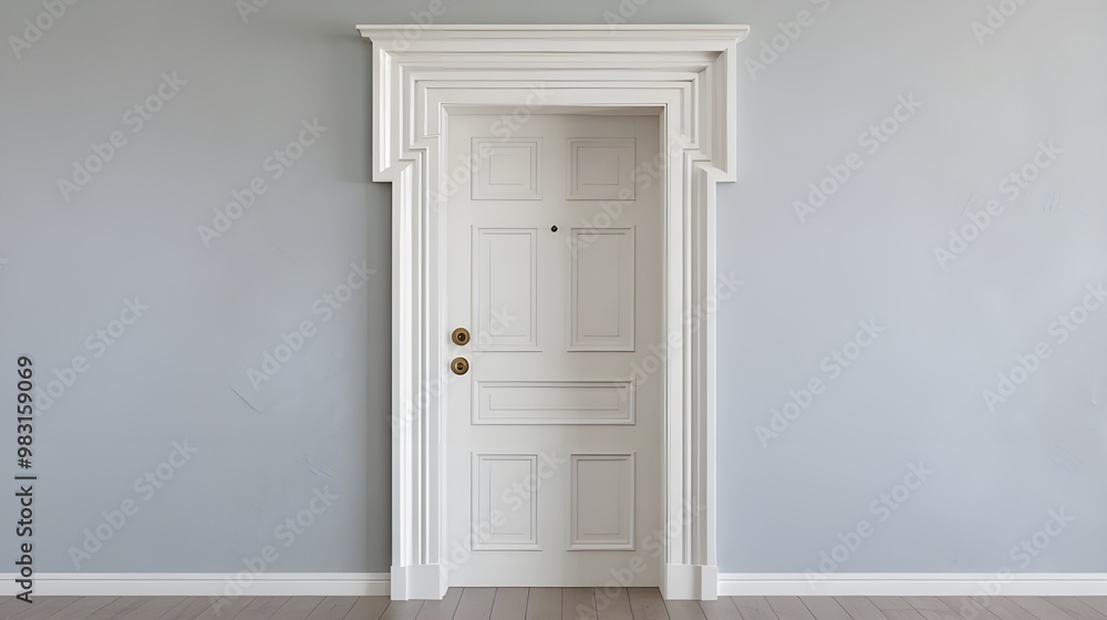 White Door with Ornate Frame and Gray Wall White Door with Ornate Frame and Gray Wall
