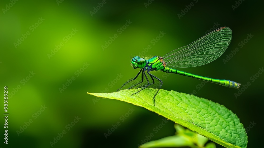 A crisp close-up of a green dragonfly perched on a leaf, surrounded by an softly blurred background A crisp close-up of a green dragonfly perched on a leaf, surrounded by an softly blurred background