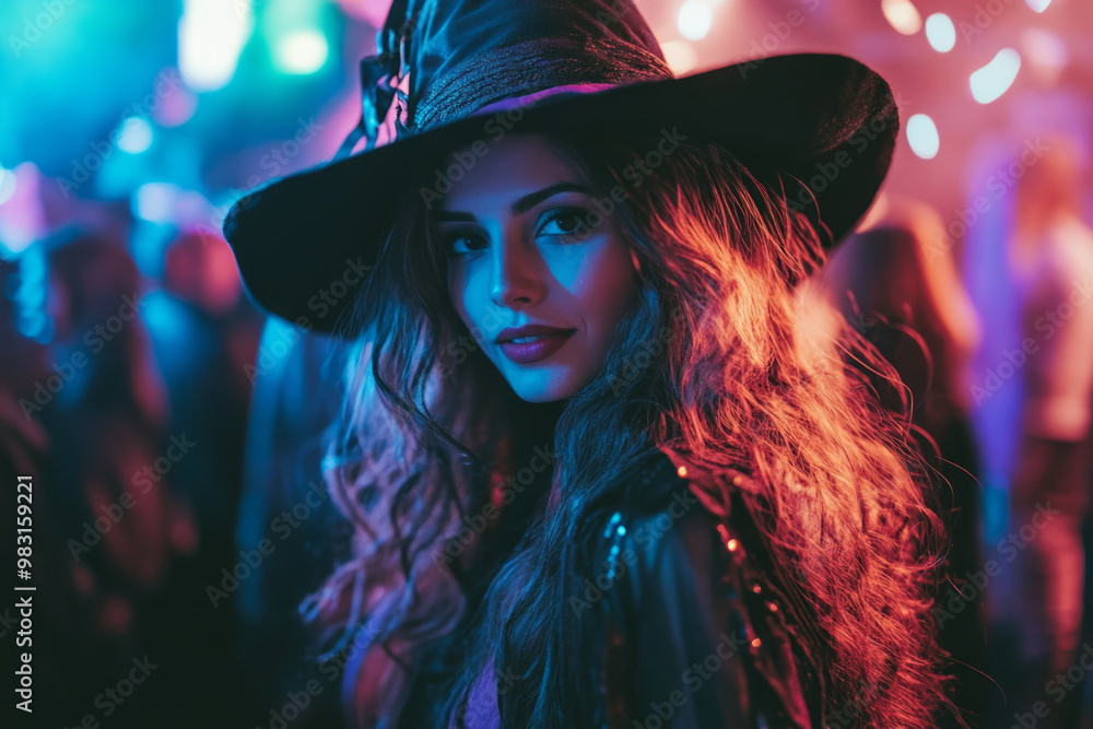 A young woman dressed up as a witch at a Halloween party A young woman dressed up as a witch at a Halloween party