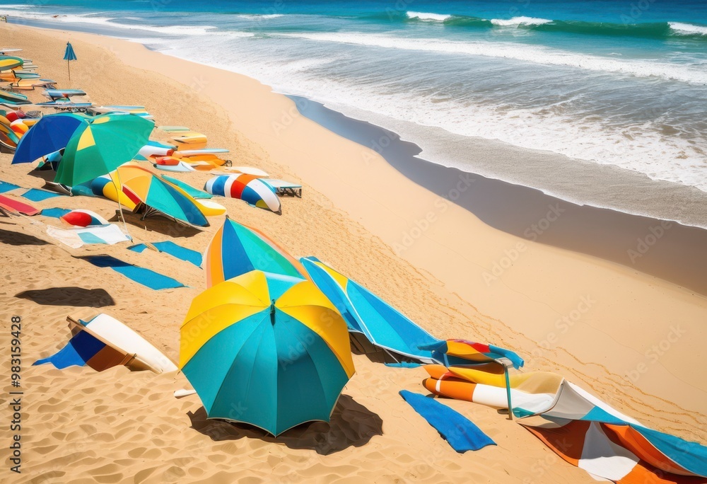 colorful beach gear arranged bright sunlit coastline surrounded soft sand gentle waves, vibrant, towels, umbrellas, chairs, surfboards, sunscreen, cooler colorful beach gear arranged bright sunlit coastline surrounded soft sand gentle waves, vibrant, towels, umbrellas, chairs, surfboards, sunscreen, cooler