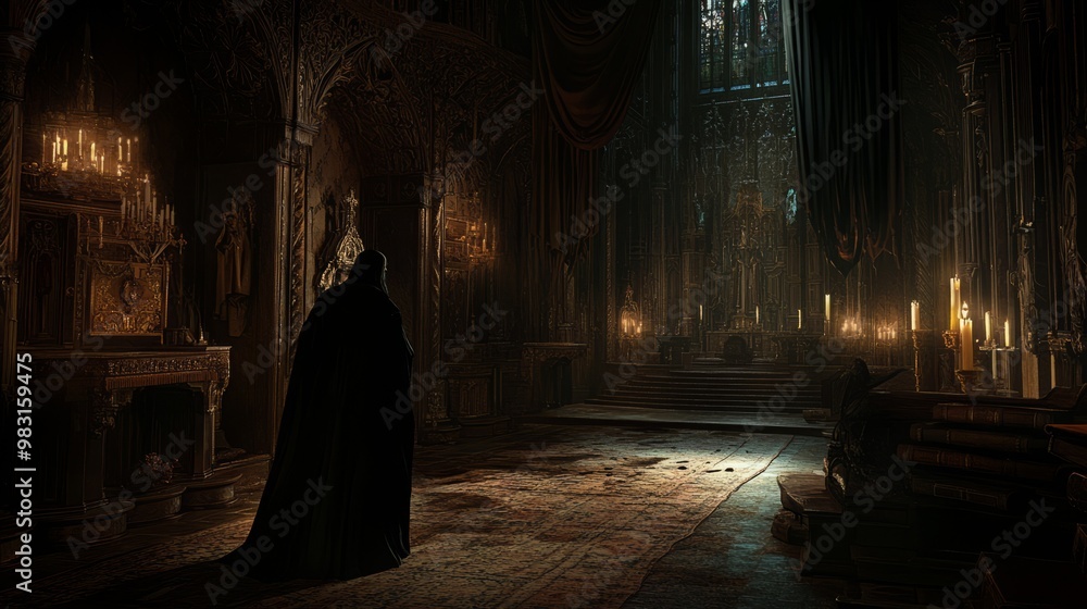 Mysterious Hooded Figure in Dimly Lit Gothic Interior Mysterious Hooded Figure in Dimly Lit Gothic Interior