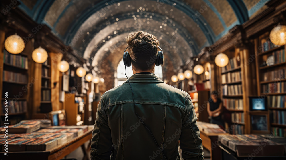 Naklejka premium generated illustration back view of man headphones standing library book