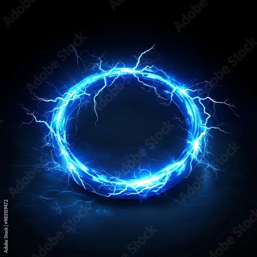 A glowing electric blue ring with lightning bolts emanating from it against a dark background . generative ai