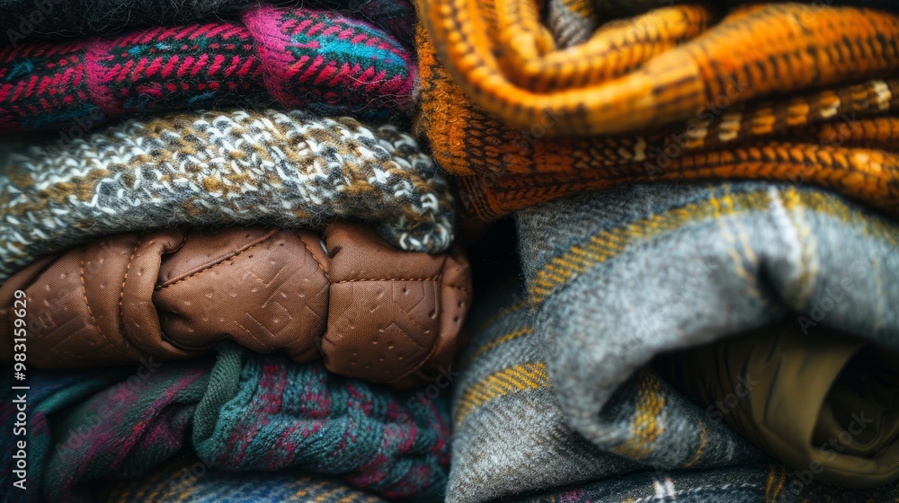 A close-up of a stack of cozy fabrics, featuring a mix of textures and colors, perfect for a cold winter day. A close-up of a stack of cozy fabrics, featuring a mix of textures and colors, perfect for a cold winter day.