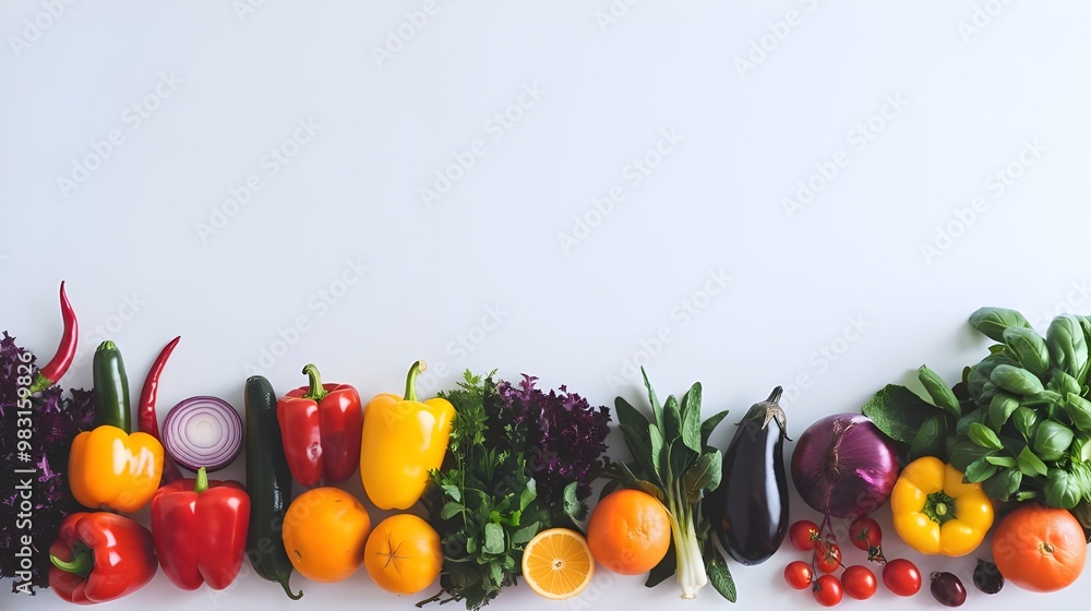 Fresh Produce Vegetables Fruits and Herbs Border on White Background Fresh Produce Vegetables Fruits and Herbs Border on White Background