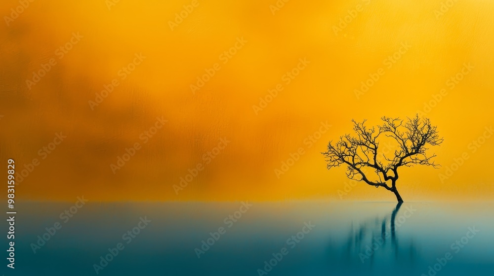 Fototapeta premium A lone tree painted in the center of a water body, surrounded by a yellow sky background