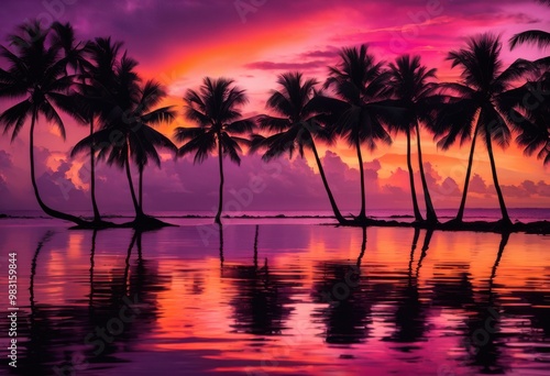 tropical oasis vibrant palm silhouettes colorful dusk sky, tree, nature, landscape, sunset, clouds, scenery, light, shadows, exotic, greenery, paradise