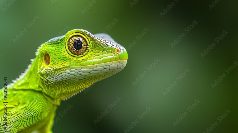 A tight shot of a green lizard's face, background blurred with trees and bushes A tight shot of a green lizard's face, background blurred with trees and bushes