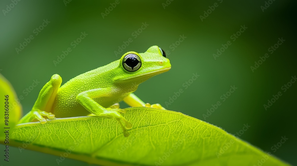Fototapeta premium A frog up-close on a leaf with blurred backgrounds