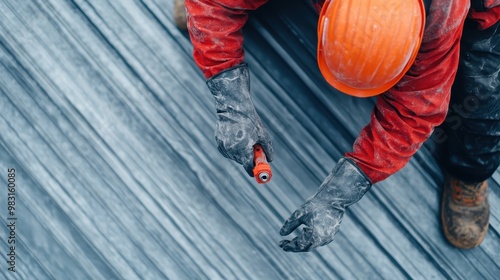 A construction worker wearing safety gear and a helmet is seen focused on his task, symbolizing hard work, dedication, and the human effort behind creating infrastructures. photo