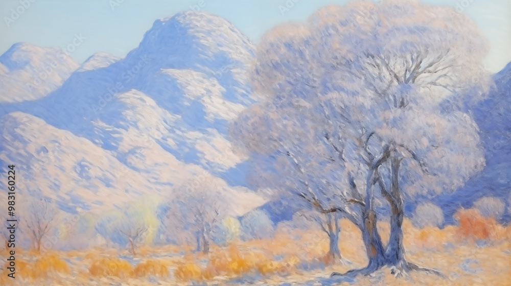 A serene winter landscape with snow-covered mountains and frosted trees under soft morning light A serene winter landscape with snow-covered mountains and frosted trees under soft morning light
