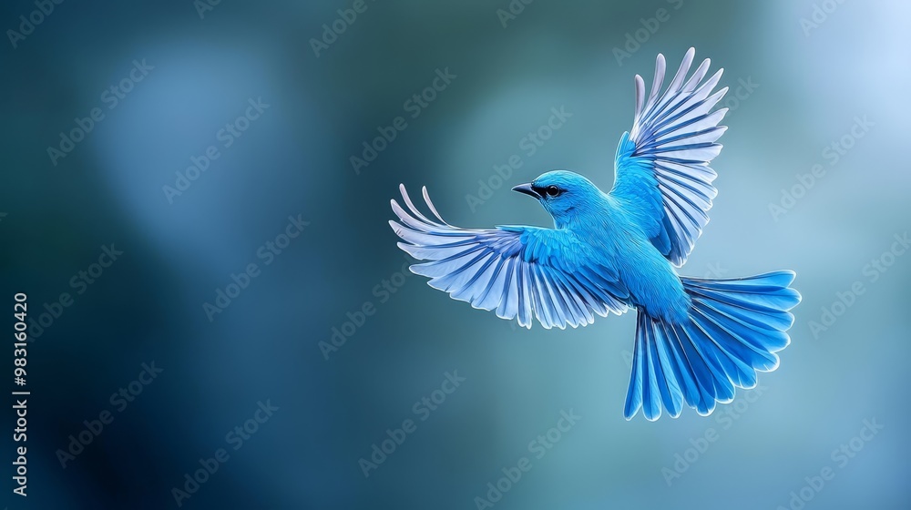 A blue bird flies in the sky, wings spread wide, head turned aside A blue bird flies in the sky, wings spread wide, head turned aside