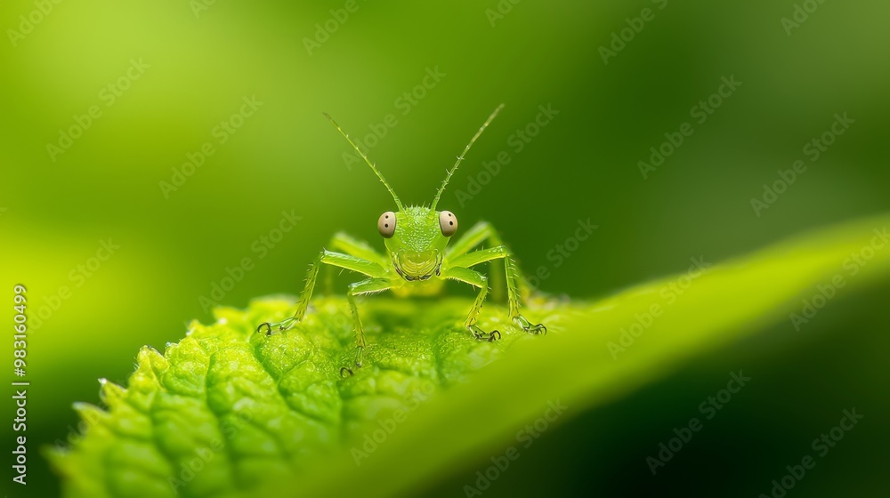 A sharp focus on a green grasshopper perched on a verdant leaf, surrounded by a softly blurred backdrop of intermingled leaves and grass A sharp focus on a green grasshopper perched on a verdant leaf, surrounded by a softly blurred backdrop of intermingled leaves and grass