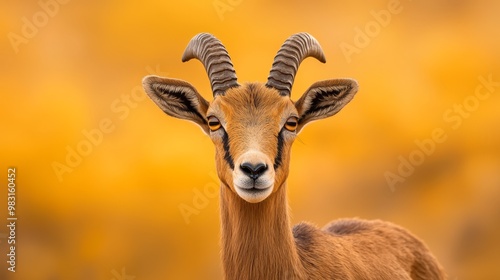  A goat's face, in focus, surrounded by a softly blurred backdrop of grass and trees