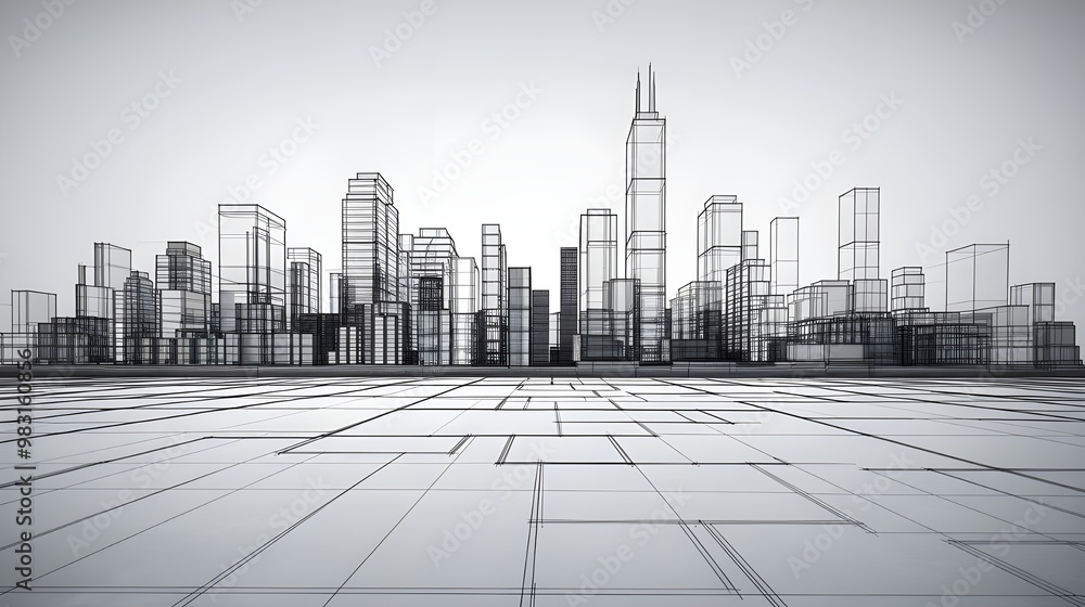 Wireframe Modern City Skyline Architecture Design Wireframe Modern City Skyline Architecture Design