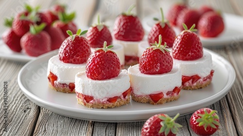 Homemade cheesecakes topped with fresh strawberries elegantly displayed on a white plate placed on a wooden table.