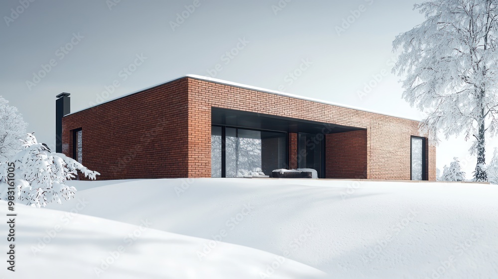 A contemporary brick home with a minimalist design, surrounded by a thick layer of snow, showing how modern architecture uses traditional materials to enhance insulation A contemporary brick home with a minimalist design, surrounded by a thick layer of snow, showing how modern architecture uses traditional materials to enhance insulation