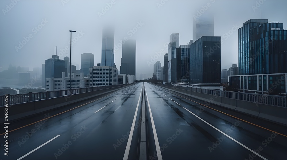 Empty Highway Through Foggy Cityscape Empty Highway Through Foggy Cityscape