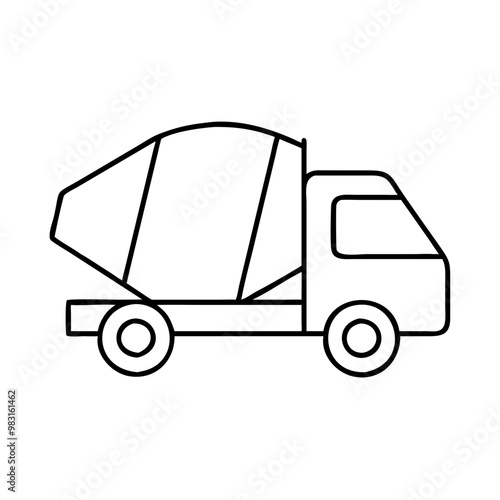 Cement mixer truck line art, minimalistic style, black and white, construction vehicle icon