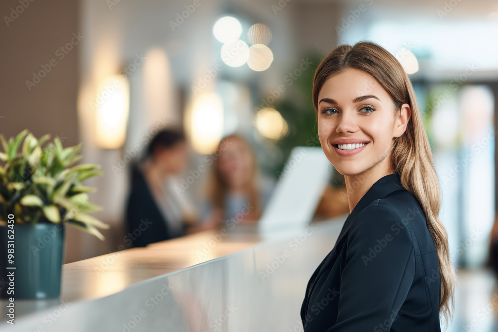 Obraz premium Young woman working as receptionist or front desk manager, standing at the reception smiling she waits for guests. Generative AI