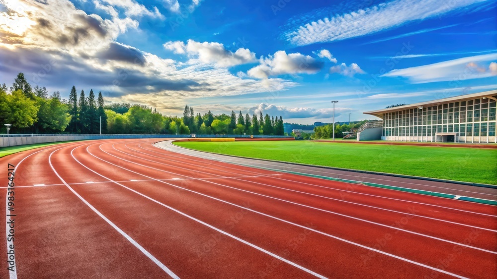 Running track with standard meter scale under a scenic sky and lush greenery. Generative AI Running track with standard meter scale under a scenic sky and lush greenery. Generative AI