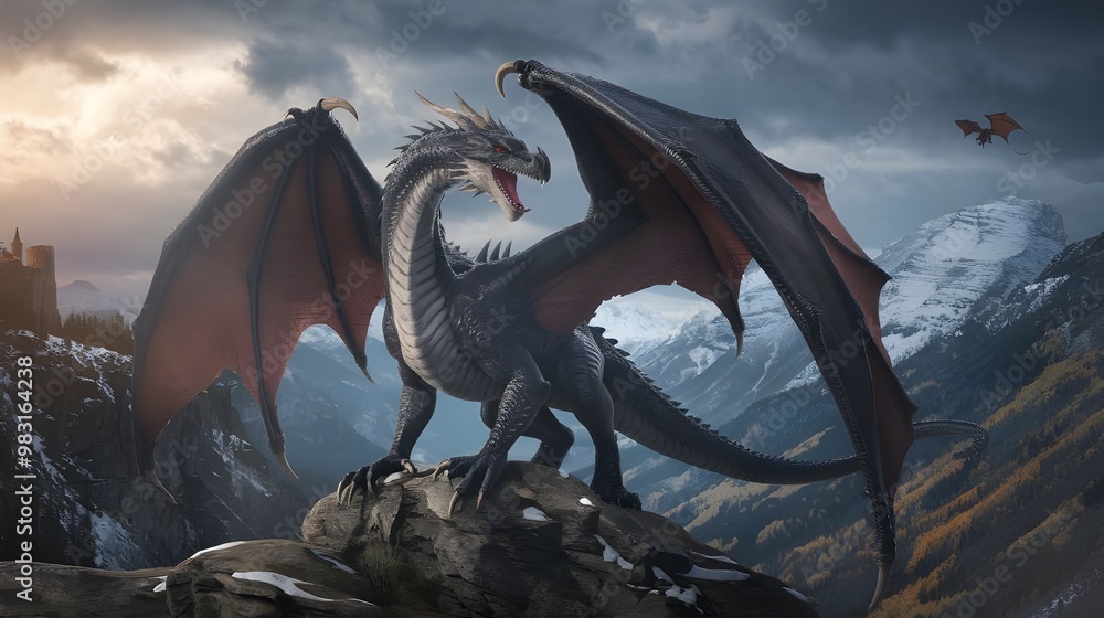 Fototapeta premium Black Dragon on Mountn Peak with Castle in Background