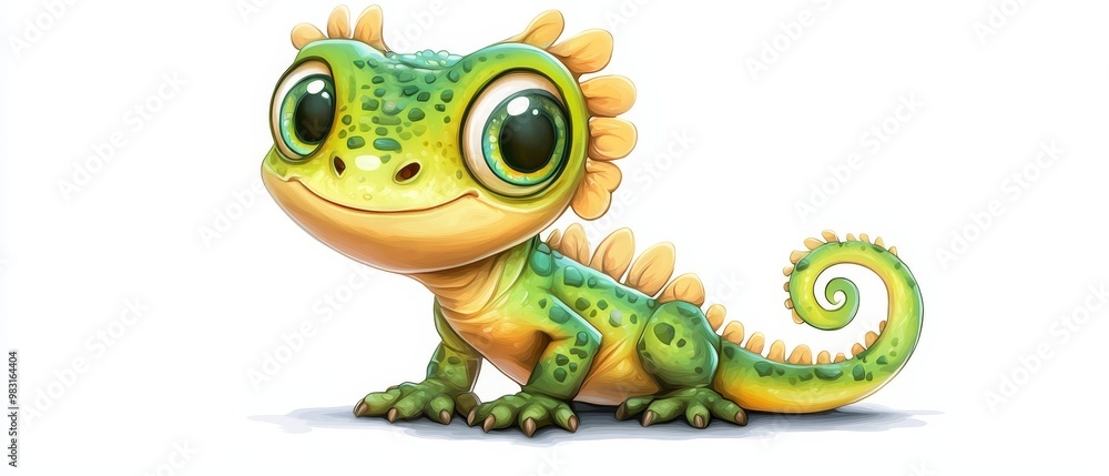 A green-yellow lizard sits atop a white surface, next to its head A green-yellow lizard sits atop a white surface, next to its head