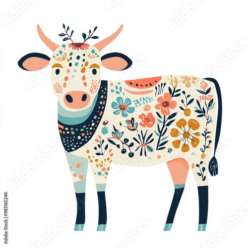 A whimsical cow designed in Scandinavian folk art style, with intricate patterns, floral motifs, and geometric shapes photo