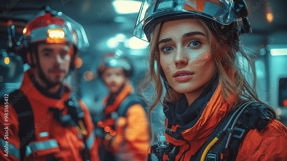 Female firefighter in full gear stares into the camera. Female firefighter in full gear stares into the camera.