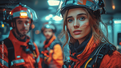 Female firefighter in full gear stares into the camera.