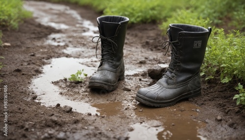 Exploring the muddy trail in robust black boots on a rainy day amidst lush greenery