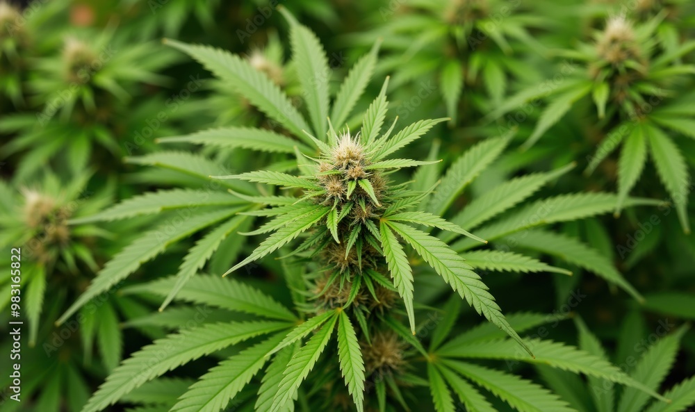 Close up of vibrant cannabis plants, showcasing lush green leaves and budding flowers, perfect for articles on horticulture, wellness, or the cannabis industry. Close up of vibrant cannabis plants, showcasing lush green leaves and budding flowers, perfect for articles on horticulture, wellness, or the cannabis industry.