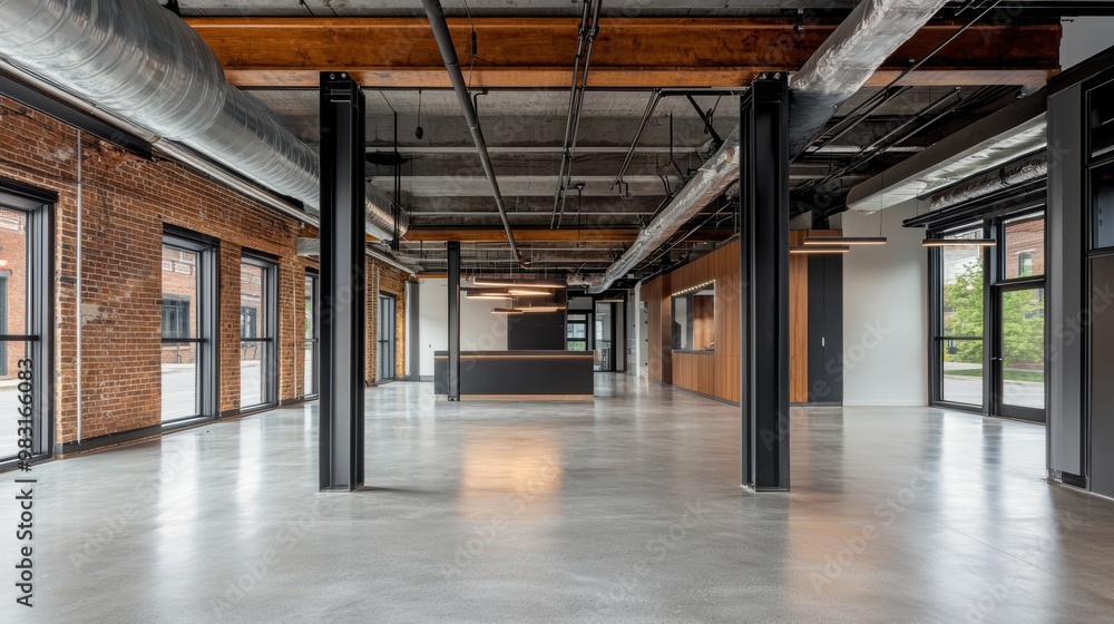 Spacious modern office interior featuring wood beams and large windows, perfect for creative workspaces and corporate settings. Spacious modern office interior featuring wood beams and large windows, perfect for creative workspaces and corporate settings.