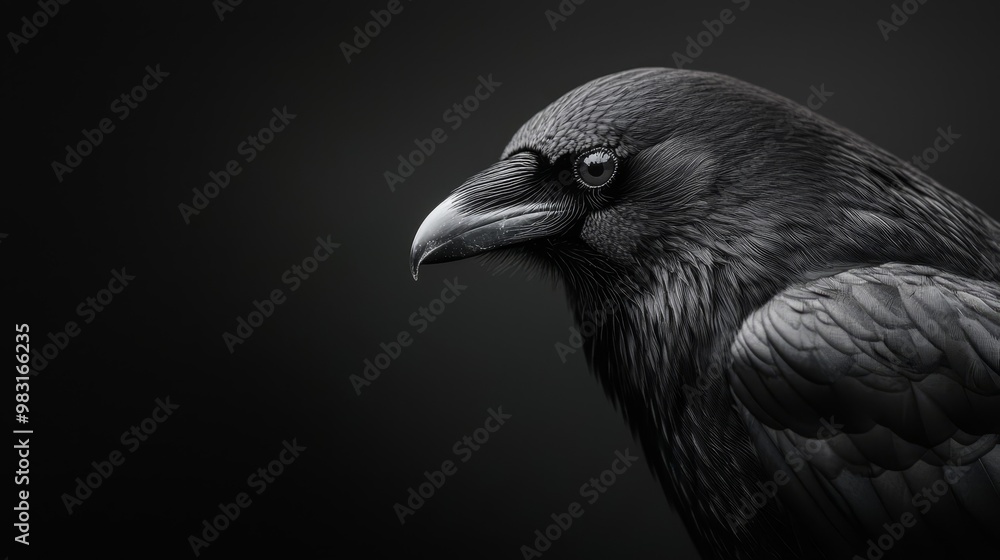 Fototapeta premium A black-and-white image of a black bird against a solid black background