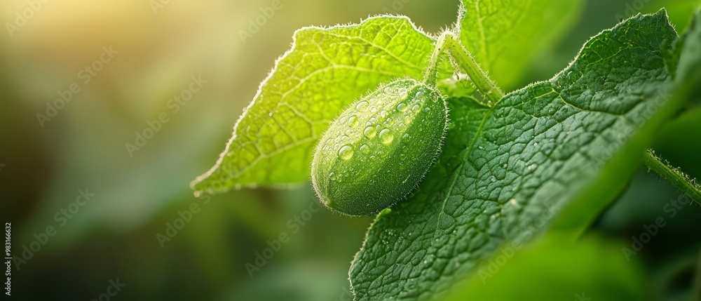 A close-up of a green leaf dotted with water drops Green leaves bearing water beads A close-up of a green leaf dotted with water drops Green leaves bearing water beads