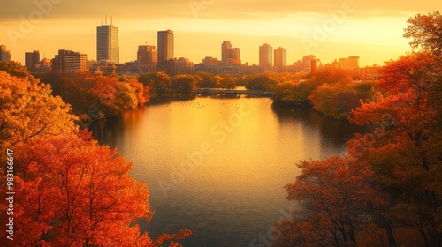 Boston's skyline rises above the tranquil Charles River, where warm autumn foliage glows in the golden light.