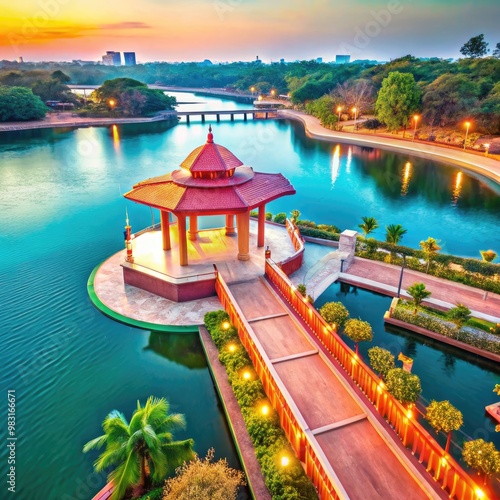 Aerial view of a vibrant temple promenade in Navi Mumbai at sunset. Generative AI photo