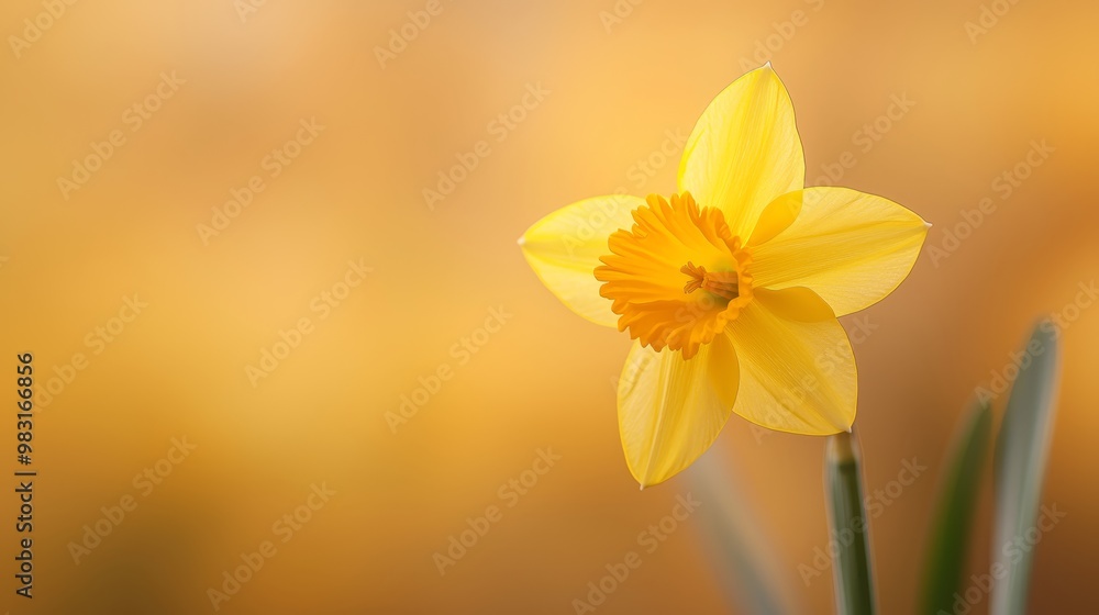Fototapeta premium A solitary yellow daffodil against a hazy, yellow backdrop; its green stem prominent in the foreground
