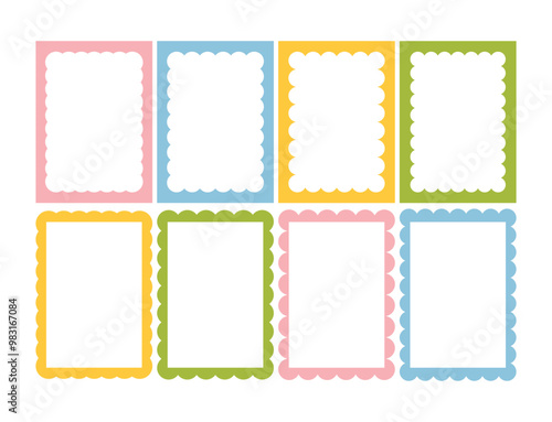 Rectangular vertical shapes with wavy edges set. Multicolor squiggle picture frames.