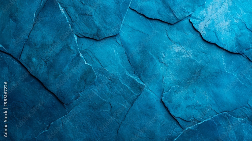 Obraz premium A tight shot of a blue rocky backdrop, dotted with irregular formations In the expanse above, a solitary aircraft traverses the sky