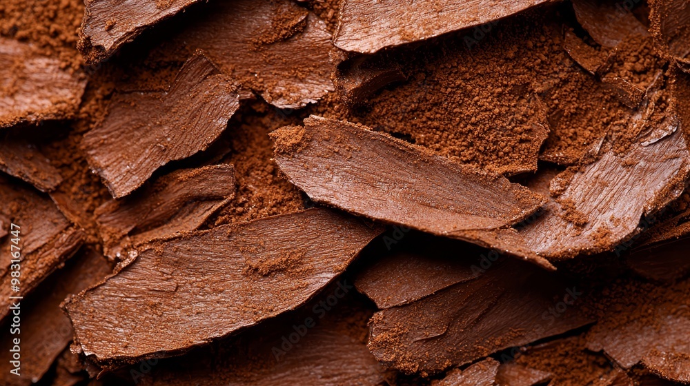 A tight shot of chocolate shavings stacked on one another against a pristine white tablecloth A tight shot of chocolate shavings stacked on one another against a pristine white tablecloth
