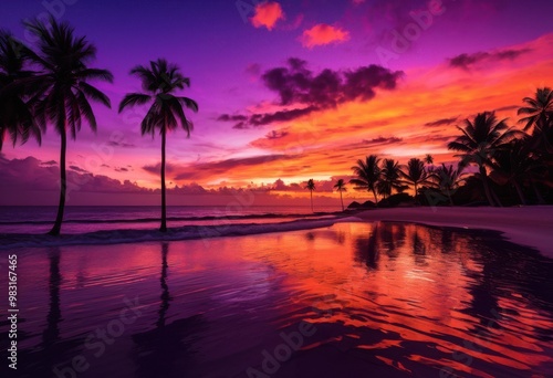 vibrant silhouettes palm trees breathtaking sunset sky rich colors dramatic lighting, landscape, nature, evening, dusk, clouds, orange, pink, blue, shadow photo