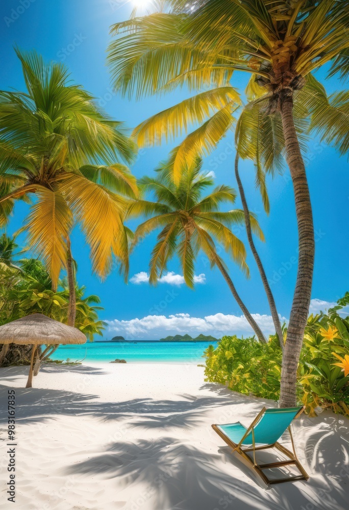 Fototapeta premium breathtaking tropical paradise featuring lush greenery vibrant ocean waves under clear sky, beach, coastline, island, palm, water, sea, shore, sunlight
